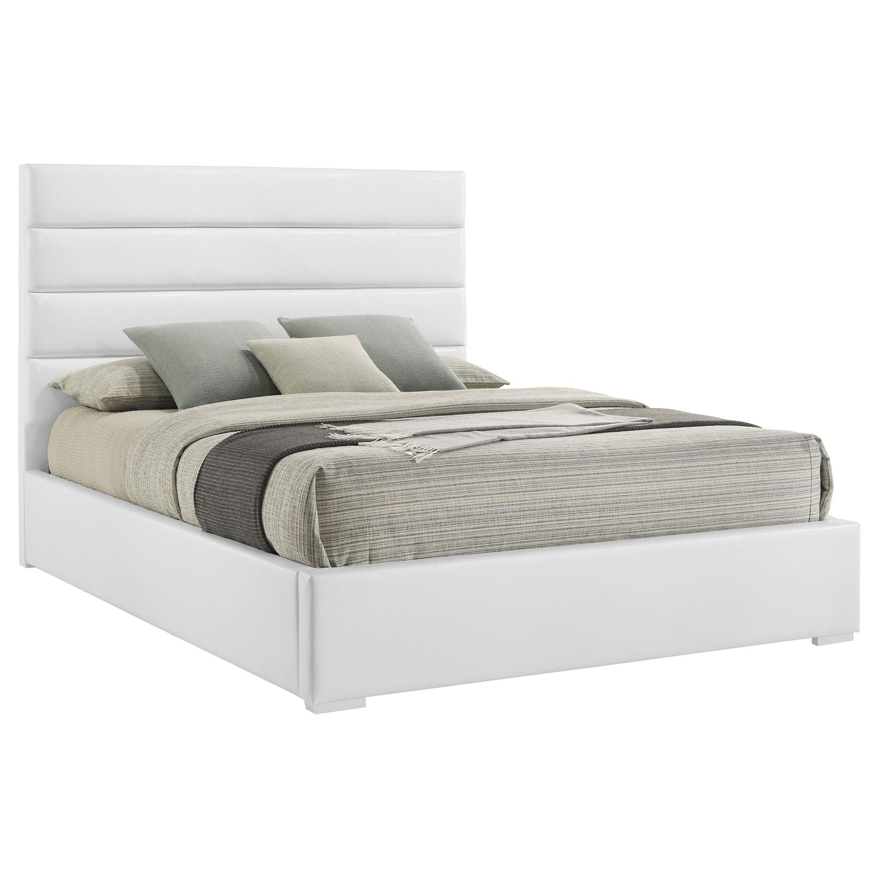 Close-up of white leatherette horizontal channeling on headboard