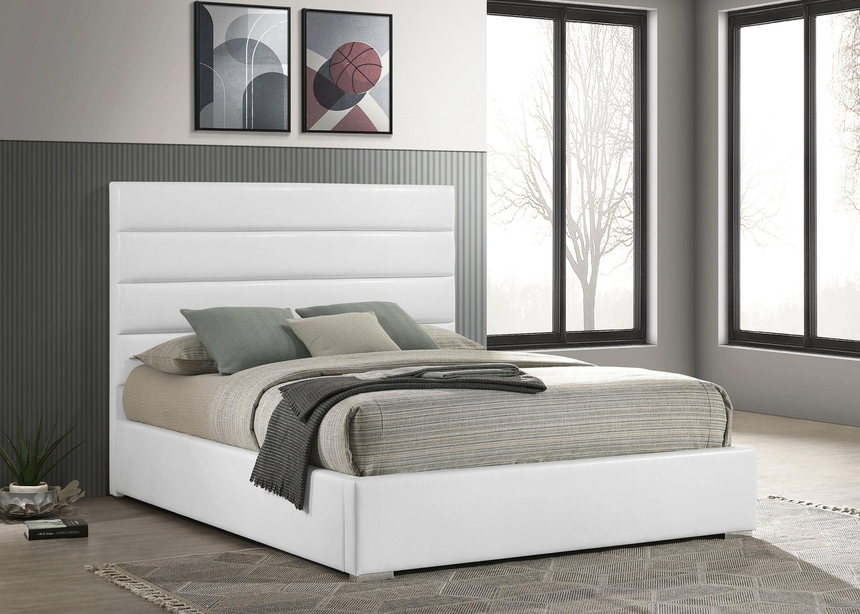 Close-up of Felicity bed white leatherette horizontal channeling