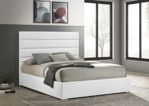 Close-up of Felicity bed white leatherette horizontal channeling