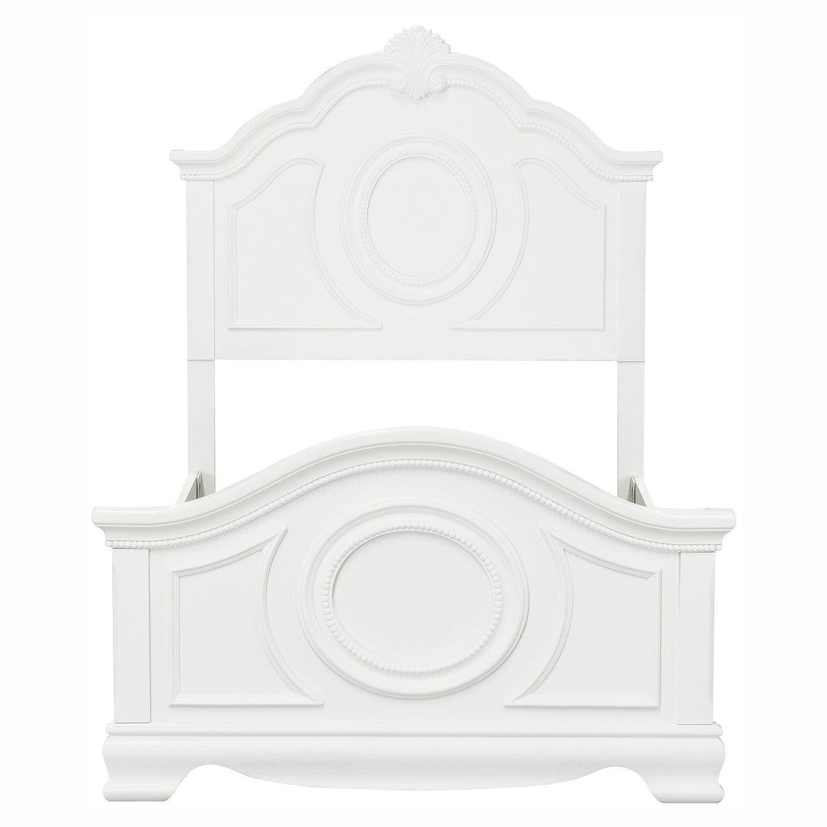 Lucida White Full Size Bed angled view highlighting bead molding and shell motif