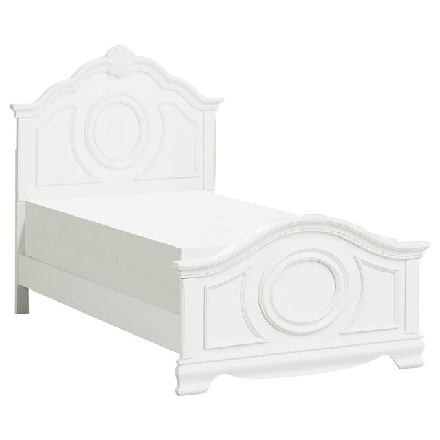 Lucida White Twin Bed angled corner highlighting wood and engineered wood construction