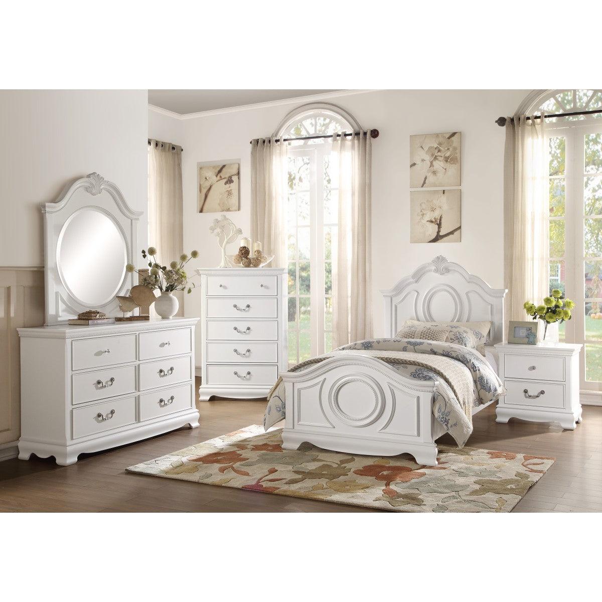 Wide view of Lucida White Full Size Bed setup in styled bedroom room
