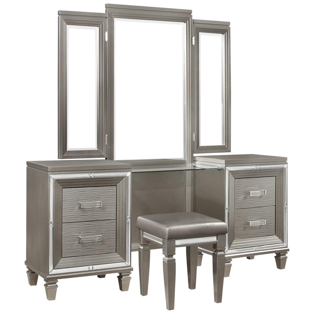 Close-up of Tamsin vanity dresser drawer with acrylic bar pull