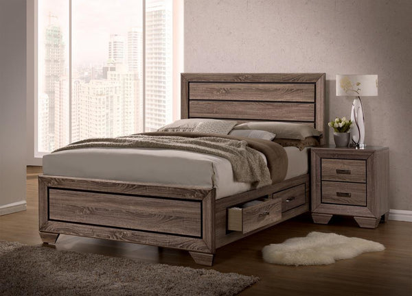 Kauffman queen storage bed in washed taupe angled view