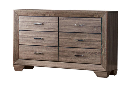 Close-up of upholstered taupe fabric headboard on Kauffman King Bed