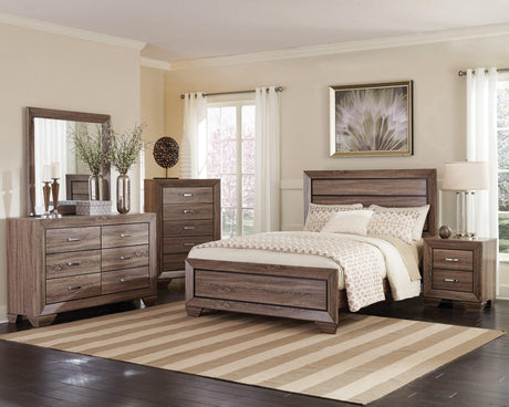 Back angle of Kauffman Washed Taupe King Panel Bed showing footboard upholstery
