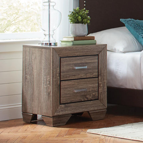 Kauffman 2-Drawer Nightstand front view showing washed taupe finish and tapered legs
