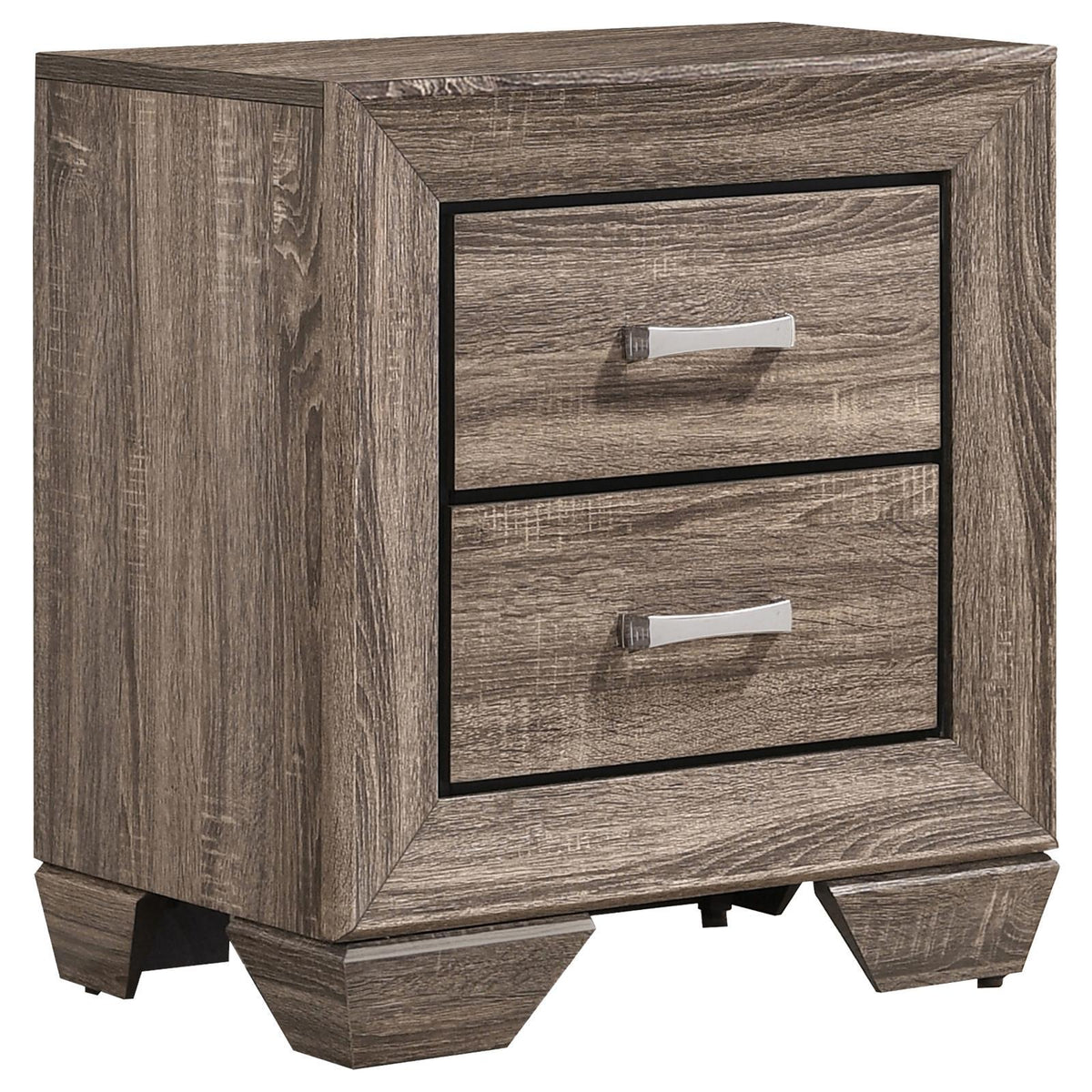 Side angle of Kauffman washed taupe nightstand highlighting metallic pulls