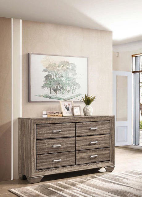 Kauffman Washed Taupe 6-Drawer Dresser front angle