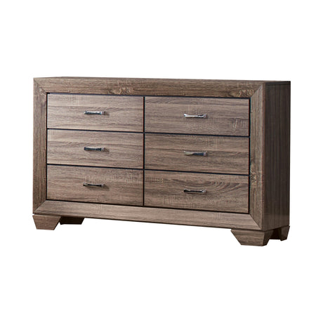 Kauffman mirror mounted above dresser showcasing natural oak grain effect