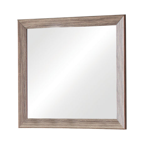 Close-up of Kauffman mirror frame showing washed taupe finish