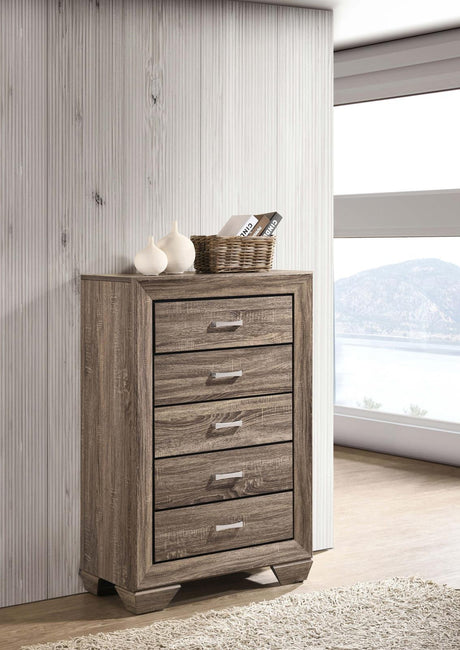 Kauffman 5-Drawer Chest in washed taupe finish angled view