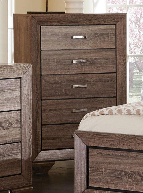 Washed taupe finish and wood grain detail on bed