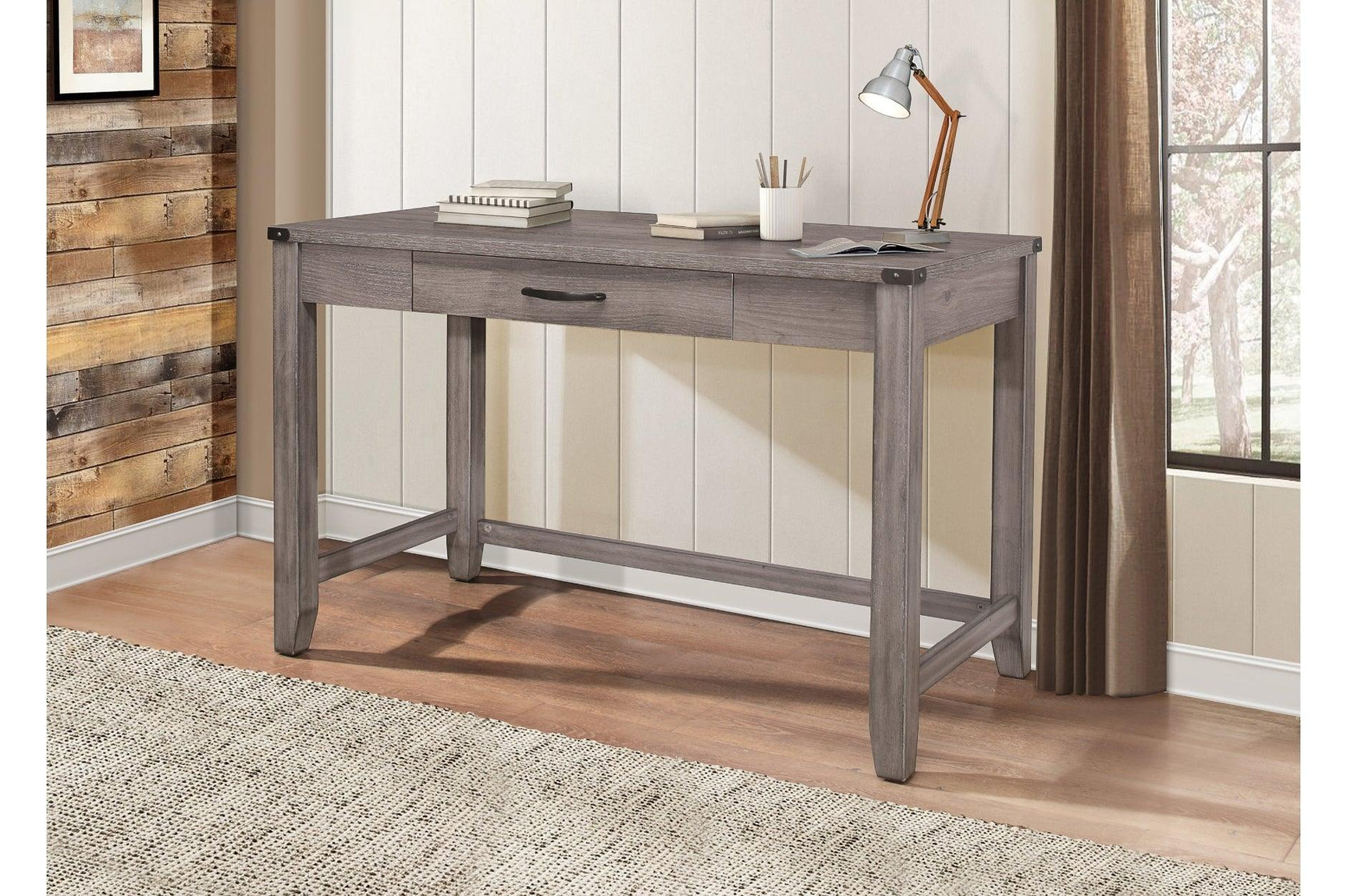 Woodrow Dark Metal Melamine Laminate Weathered Wood Metal Faux Leather Side Pier Bedroom Set - Ella Furniture