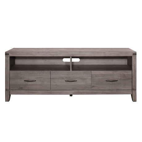 Woodrow Brownish Gray TV Console front view showcasing industrial design