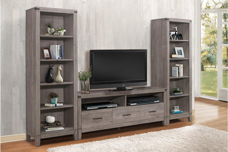 Woodrow TV Console dark metal and weathered wood front view