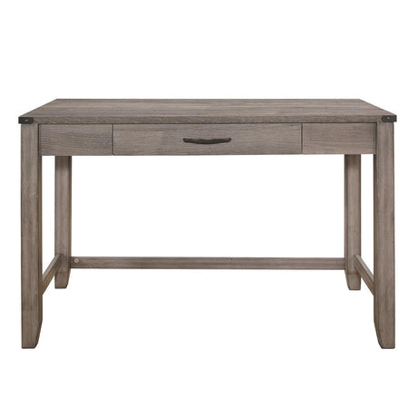 Woodrow Writing Desk front view showing brownish gray laminate and metal corner detail