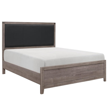 Woodrow Full Upholstered Panel Bed side view showing panel detail and metal accents