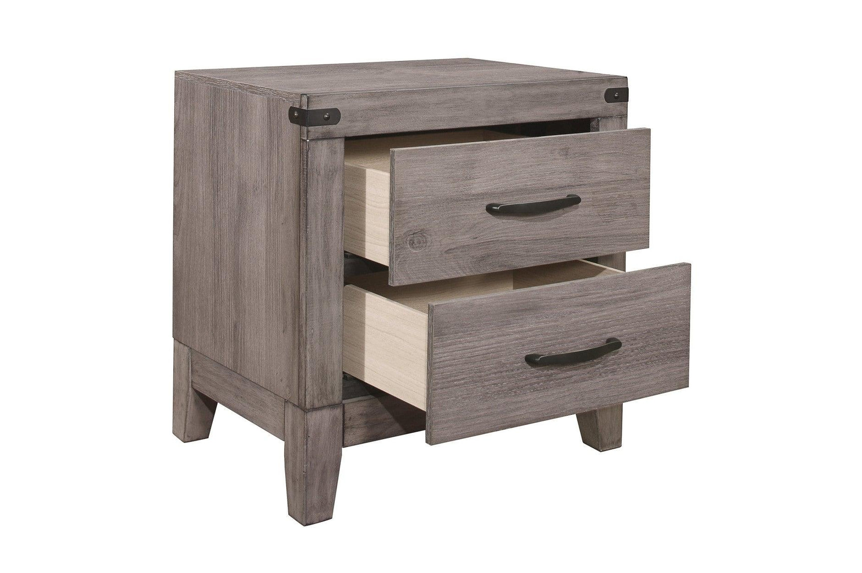 Woodrow Dark Metal Melamine Laminate Weathered Wood Metal Faux Leather Side Pier Bedroom Set - Ella Furniture