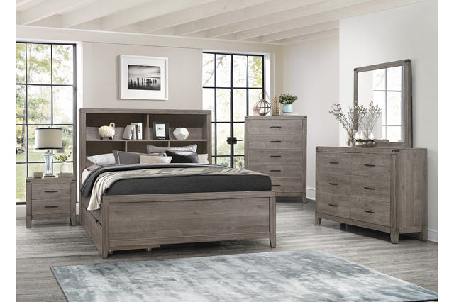 Side view of Woodrow Gray Bookcase Platform Bedroom Set bed