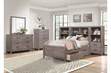 Woodrow Queen Panel Bed showing metal hardware and storage drawers