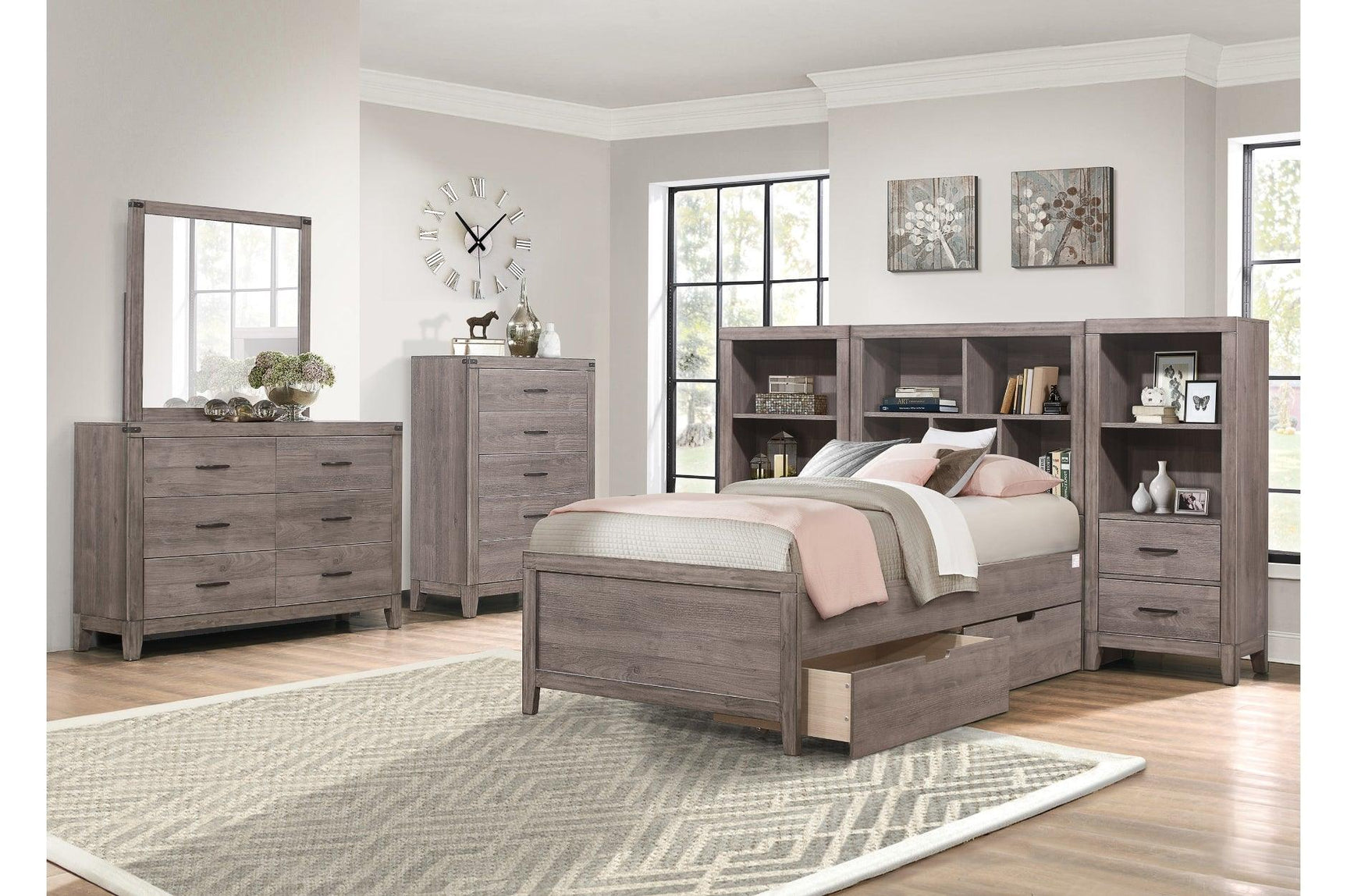Woodrow Queen Panel Bed showing metal hardware and storage drawers