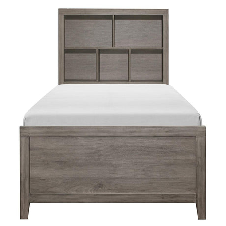 Woodrow brownish gray twin platform bed front view showing bookcase headboard