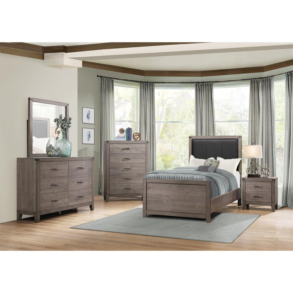 Woodrow Brownish Gray Finish Wood And Engineered Wood Faux Leather Upholstered Headboard Twin Bed - Ella Furniture