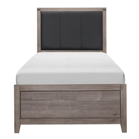 Woodrow Twin Bed with Brownish Gray Finish and Faux Leather Upholstered Headboard, front angle