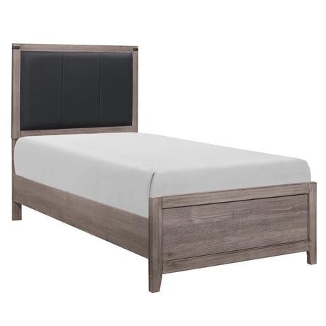 Woodrow Twin Bed side view showing metal corner banding and faux leather headboard