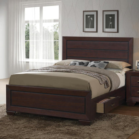 Kauffman Queen Storage Bed in dark cocoa finish front view