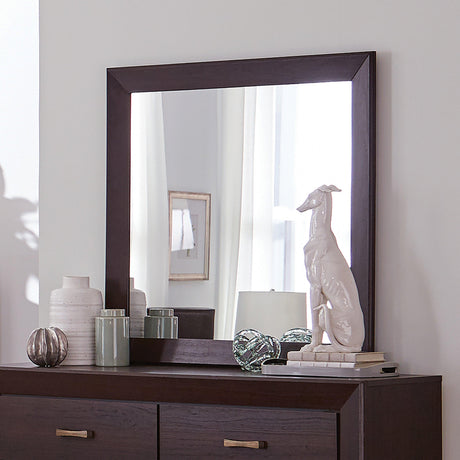 Kauffman Rectangular Mirror Dark Cocoa front view above dresser