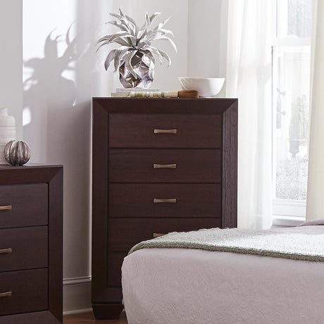 Kauffman 5-Drawer Chest dark cocoa angled front view