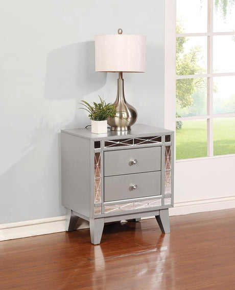 Leighton 2-drawer nightstand metallic mercury angled front view