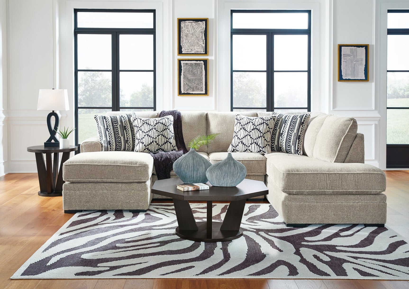 Room view of Calnita Sisal Velvet 2-Piece Sectional Sofa with Chaise in living space