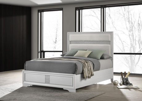 Full upholstered bed headboard with padded white fabric and horizontal stripe detail