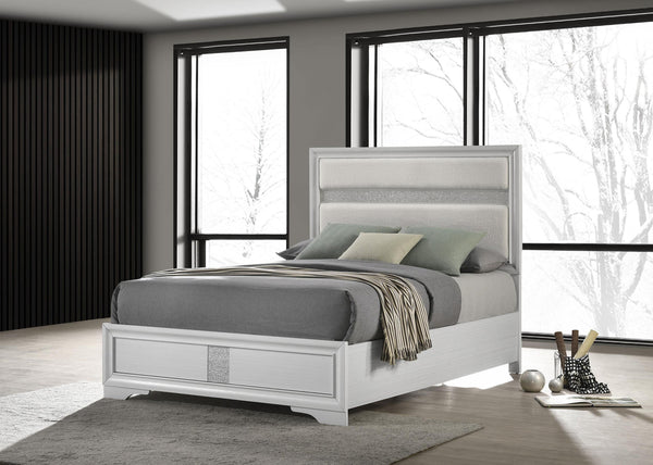 Full upholstered bed headboard with padded white fabric and horizontal stripe detail