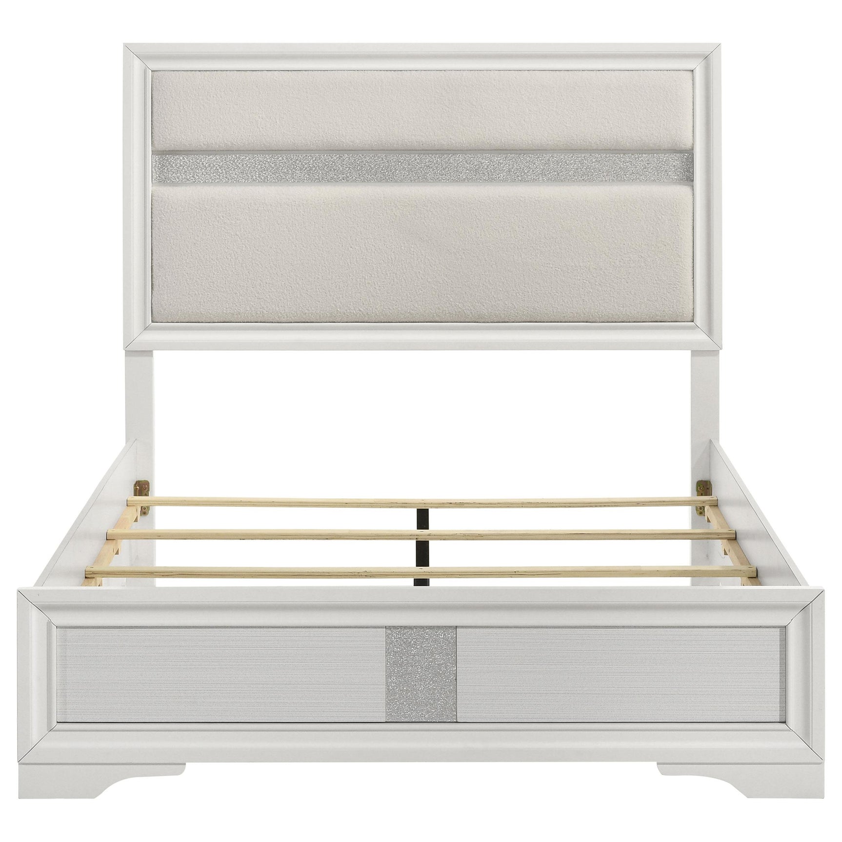 Close-up of textured white finish and smooth trim on bed panels