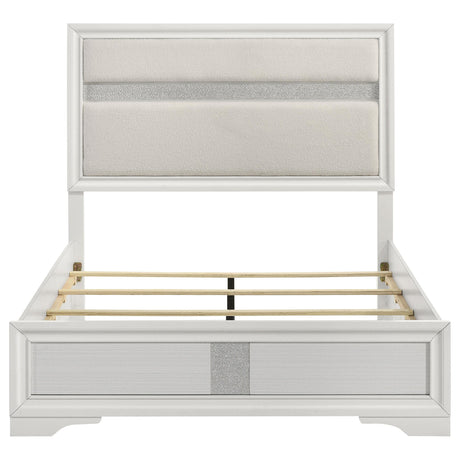 Close-up of textured white finish and smooth trim on bed panels