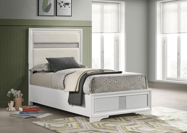 Miranda twin bed side view showing fabric panel and footboard