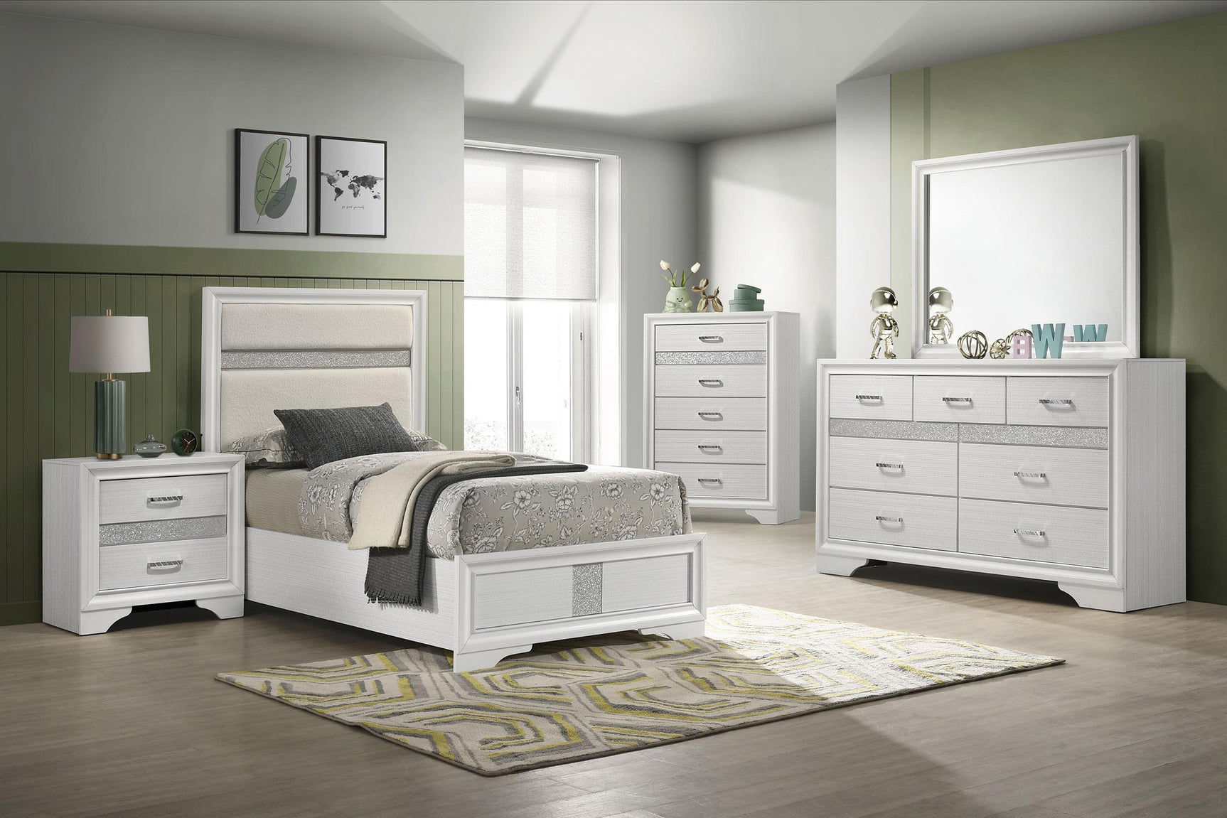 White upholstered twin bed viewed from footboard side
