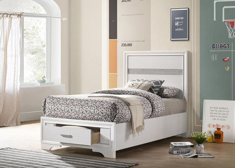 Miranda White Twin Storage Bed front view with glitter headboard