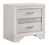 Side angle of Miranda White nightstand showing drawers