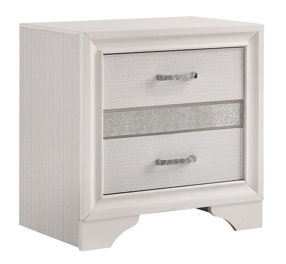 Side angle of Miranda White nightstand showing drawers