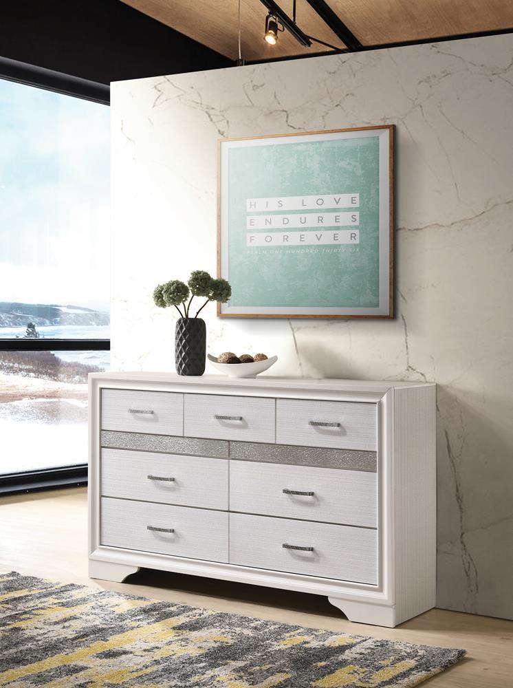 Miranda 7-Drawer White Dresser with Rhinestone Accents - Front view