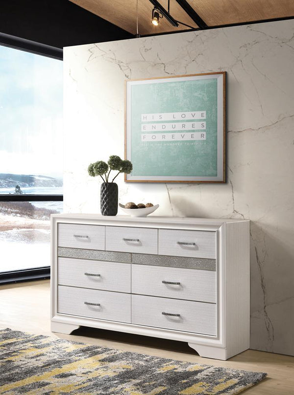 Miranda 7-Drawer White Dresser with Rhinestone Accents - Front view