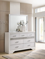 Miranda dresser side cabinet door open with shelves visible