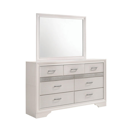 Miranda Rectangular White Dresser Mirror hanging above dresser