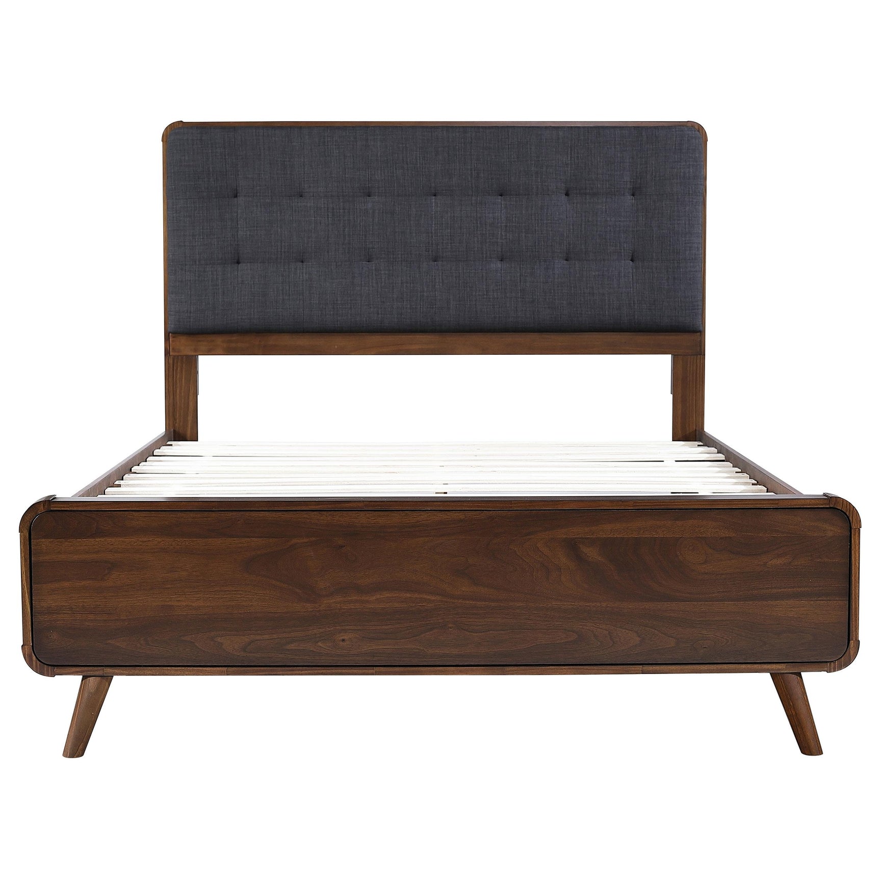 Footboard view of Robyn Wood Full Upholstered Bed in dark walnut