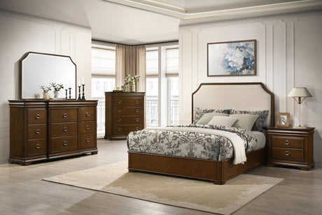 Garland Eastern King Panel Bed in cream upholstery with brown cherry frame front view